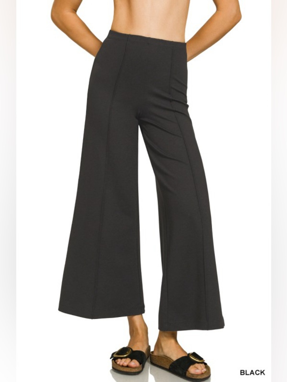 Zenana Black Heavy Ponte Elastic Waistband Pintuck Pants